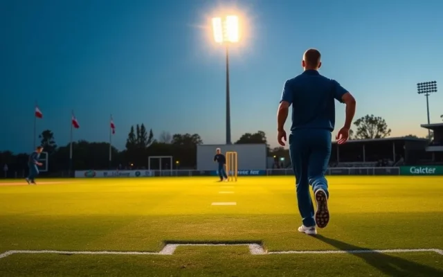 Illustration: Fast bowler runs in on a floodlit Christchurch pitch before the NZ vs IND 1st T20I