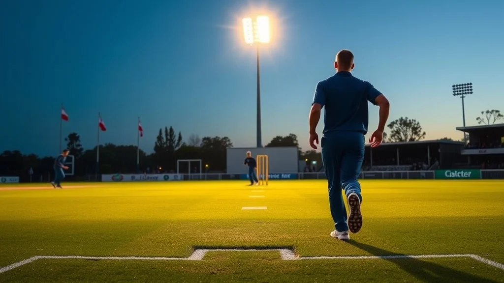 Illustration: Fast bowler runs in on a floodlit Christchurch pitch before the NZ vs IND 1st T20I