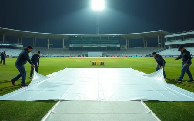 Groundstaff pull covers over a cricket pitch under floodlights before the India vs West Indies 5th T20I