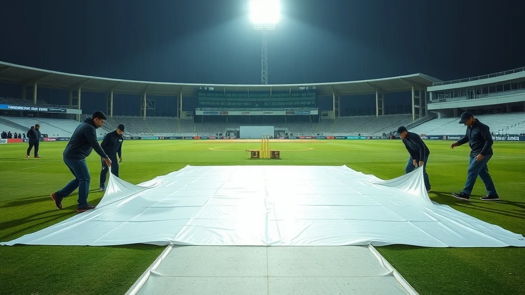 Groundstaff pull covers over a cricket pitch under floodlights before the India vs West Indies 5th T20I