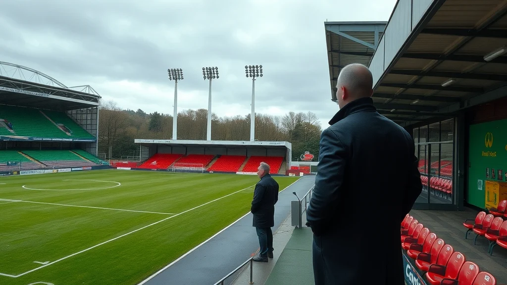 Illustration: A lone figure stands at the edge of a technical area overlooking a football pitch under grey autumn skies