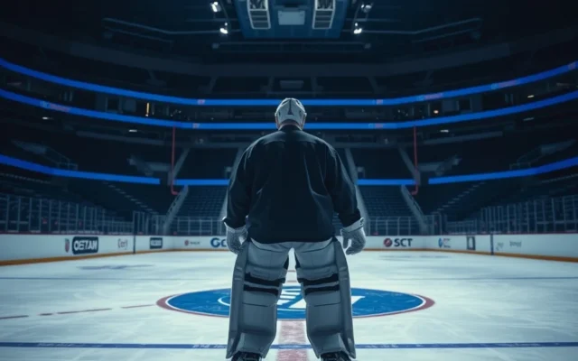 Illustration: Goaltender in the crease of an empty arena, a quiet scene fitting the Hellebuyck trade request saga