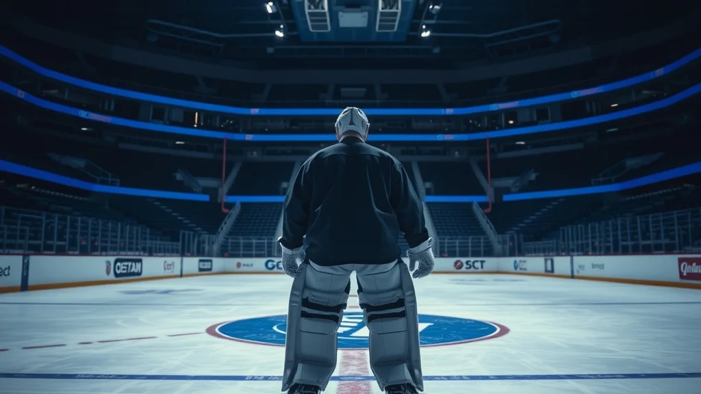 Illustration: Goaltender in the crease of an empty arena, a quiet scene fitting the Hellebuyck trade request saga