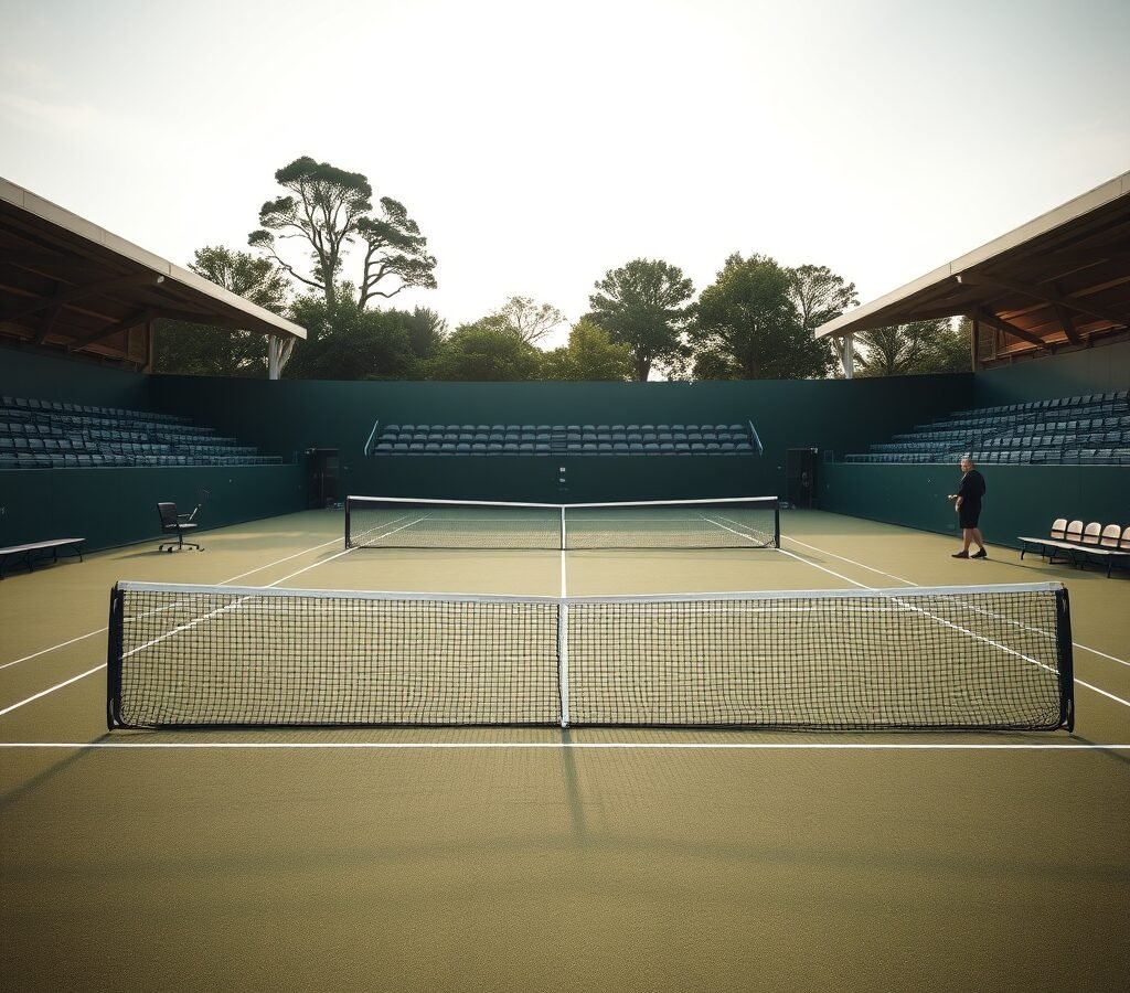 Empty tennis court with an umpire chair at a lower-tier tournament