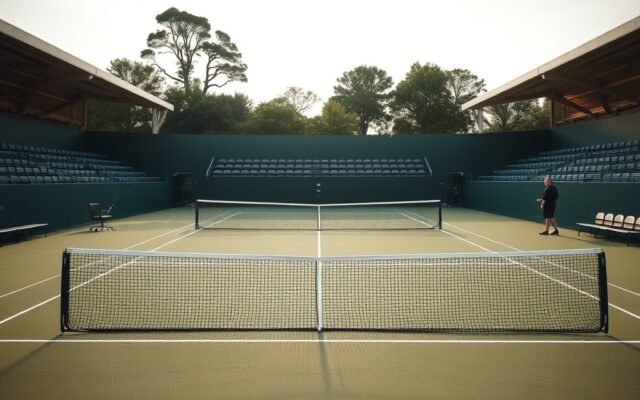 Empty tennis court with an umpire chair at a lower-tier tournament