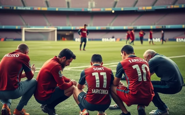 Illustration: Medical staff attend to a defender on the pitch, illustrating a Gerard Martin injury Barcelona scare