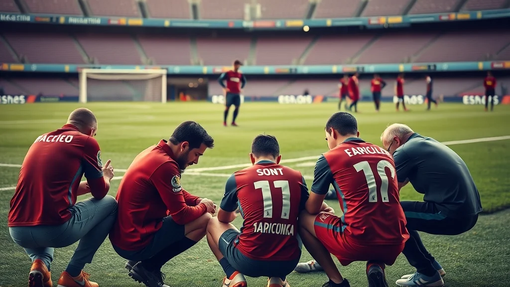 Illustration: Medical staff attend to a defender on the pitch, illustrating a Gerard Martin injury Barcelona scare