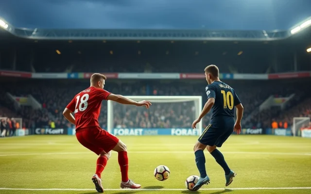 Illustration: Players contest the ball in a penalty area during a Premier League match under floodlights