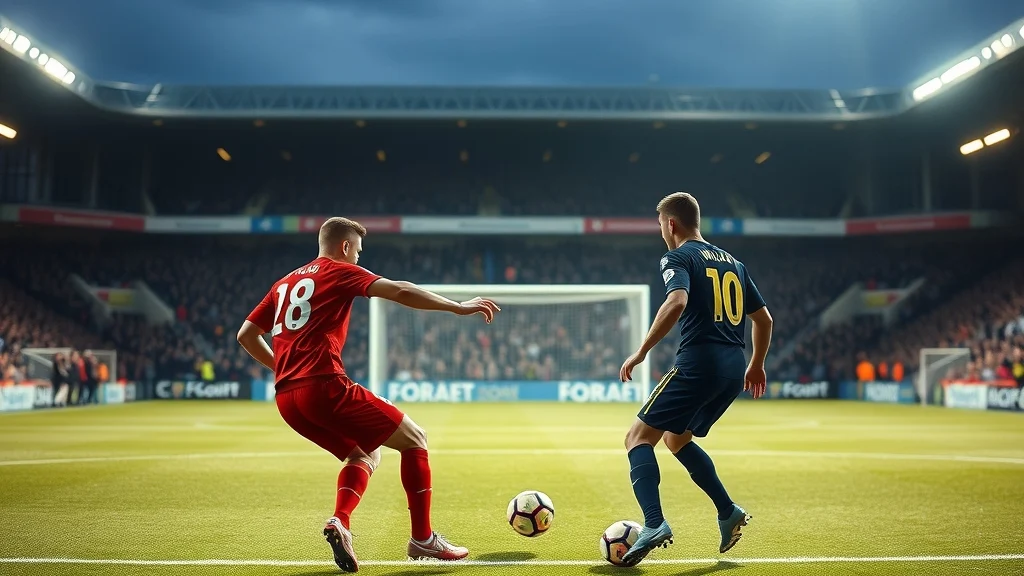 Illustration: Players contest the ball in a penalty area during a Premier League match under floodlights