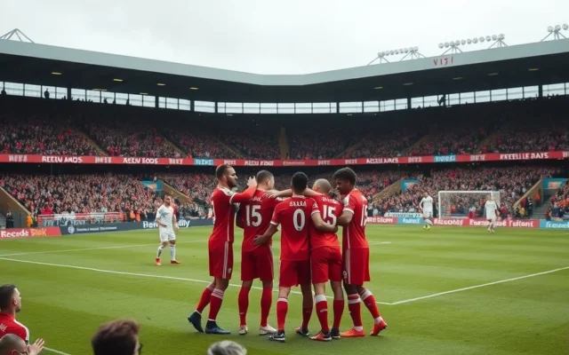 Illustration: Players in red kits celebrate in a huddle on a football pitch as opponents in white stand apart