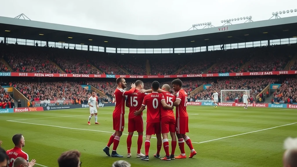 Illustration: Players in red kits celebrate in a huddle on a football pitch as opponents in white stand apart