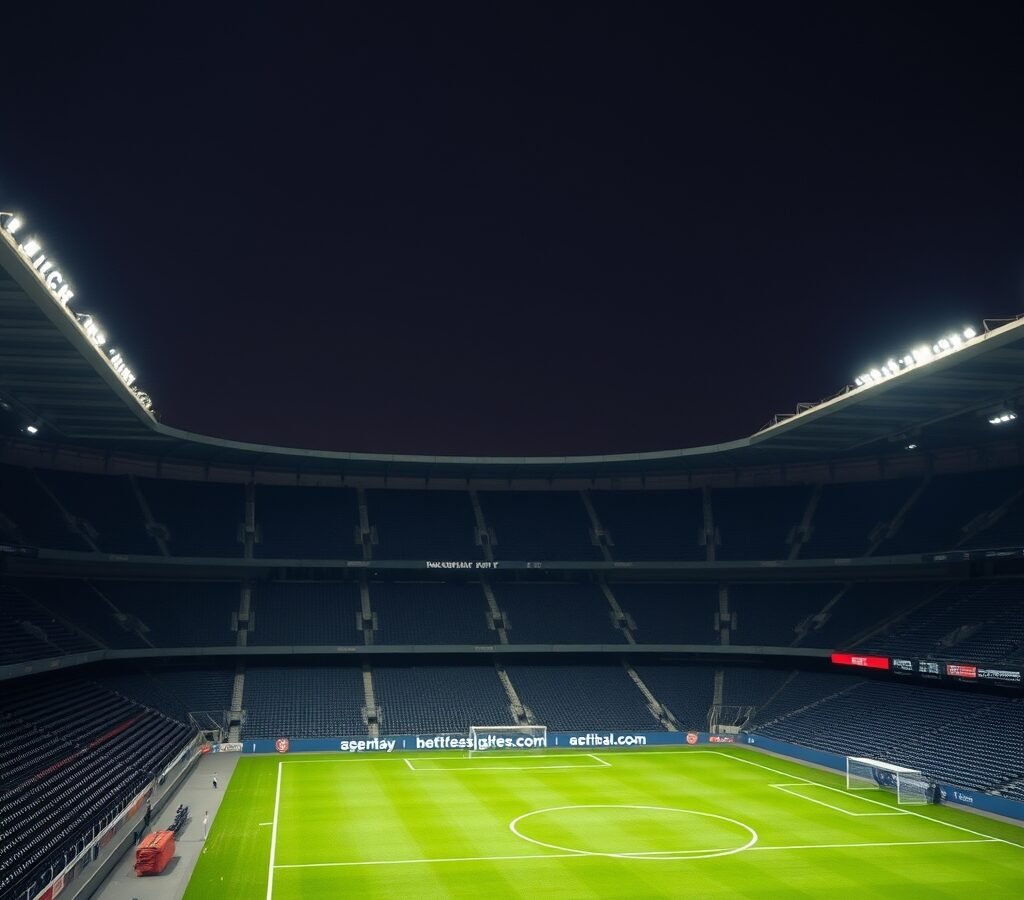 Floodlit football stadium with empty seats and a green pitch