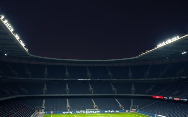 Floodlit football stadium with empty seats and a green pitch