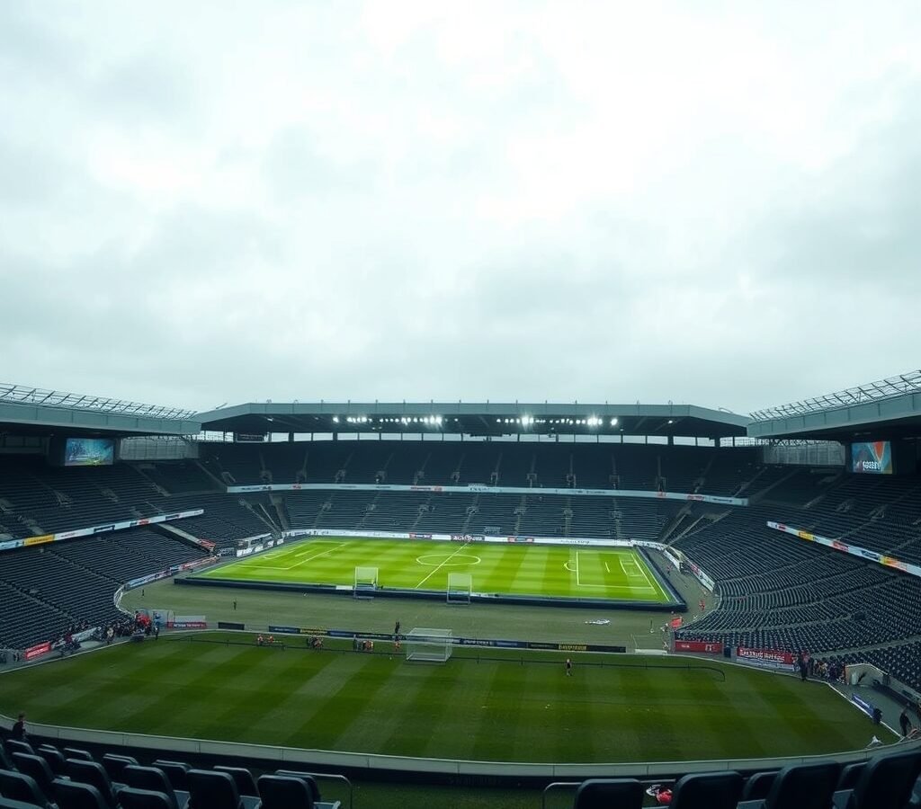 Empty seats in a football stadium facing the pitch before a match