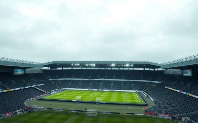 Empty seats in a football stadium facing the pitch before a match