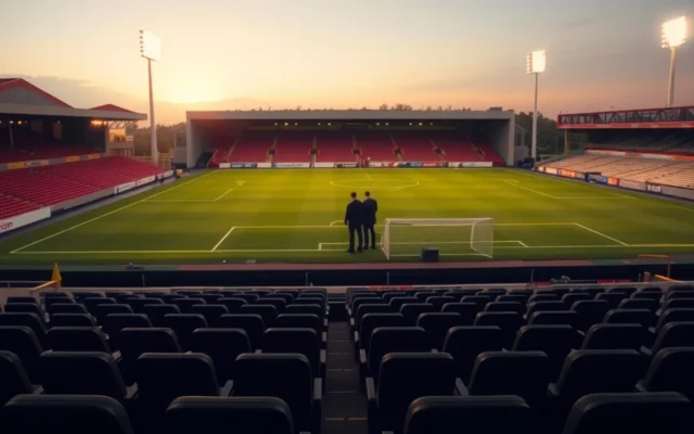 Illustration: Floodlit football stadium at dusk with empty seats in the foreground and distant figures on the touchline