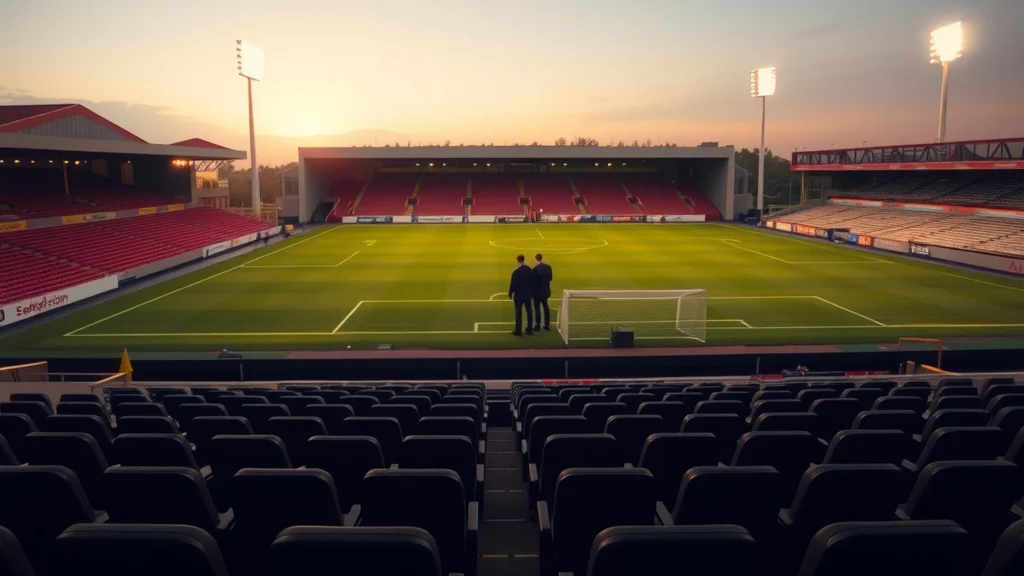 Illustration: Floodlit football stadium at dusk with empty seats in the foreground and distant figures on the touchline
