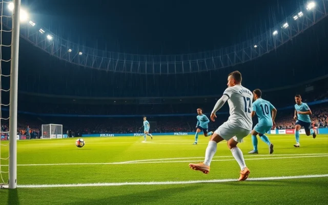 Illustration: Midfielder in white kit curls a shot toward the top corner on a floodlit pitch, a Spurs Coventry Maddison style goal