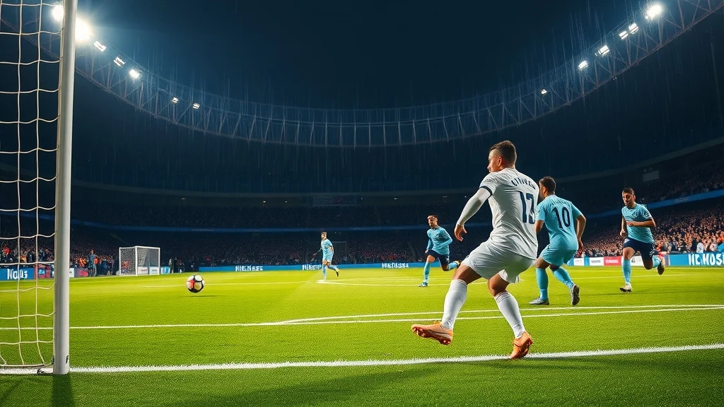 Illustration: Midfielder in white kit curls a shot toward the top corner on a floodlit pitch, a Spurs Coventry Maddison style goal