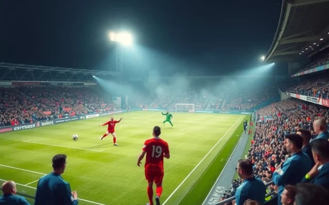 Illustration: Footballer in red watches a shot go wide of goal under floodlights on a misty night at a stadium