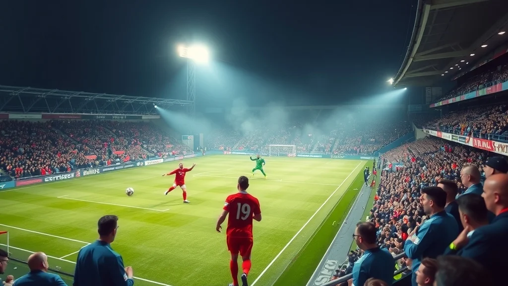 Illustration: Footballer in red watches a shot go wide of goal under floodlights on a misty night at a stadium