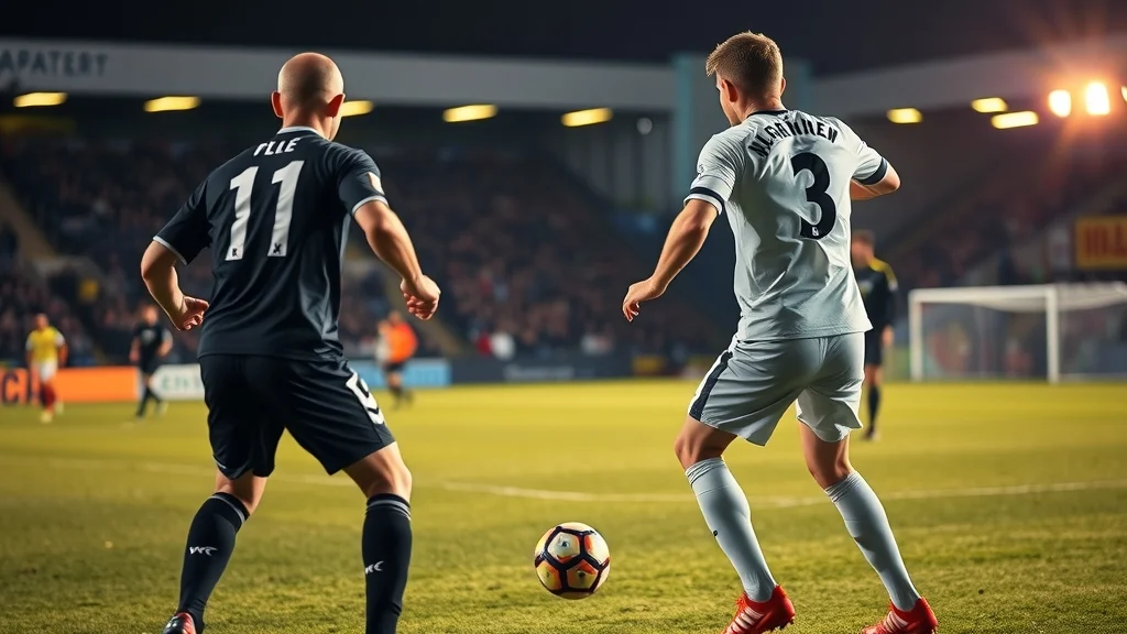 Illustration: Players challenge for the ball on a floodlit football pitch as a referee looks on