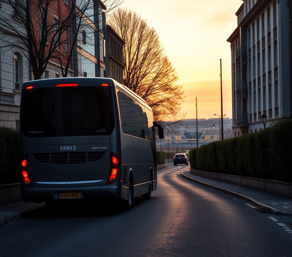 Football team coach parked on a street near a stadium at dusk