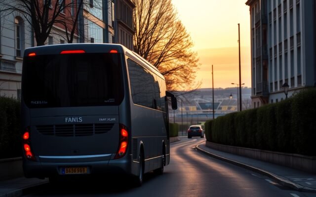 Football team coach parked on a street near a stadium at dusk