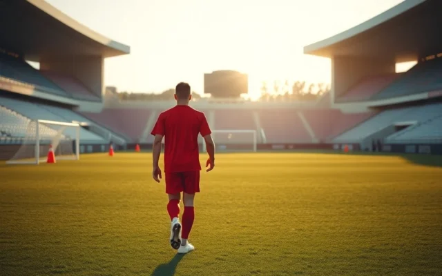 Illustration: A footballer in a red training kit walks away across an empty training pitch at dusk