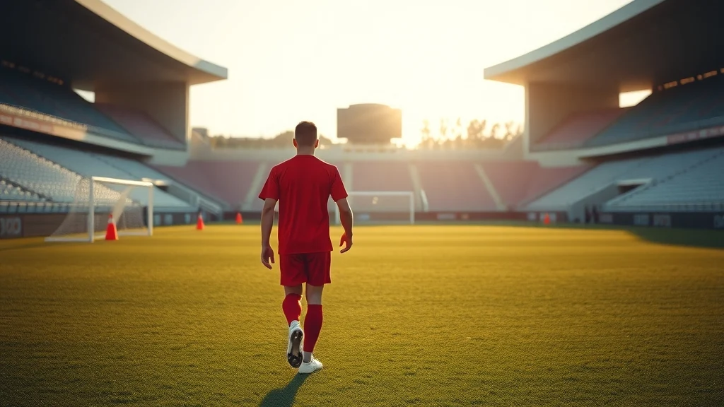Illustration: A footballer in a red training kit walks away across an empty training pitch at dusk