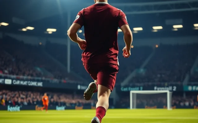 Illustration: Football winger in a claret shirt running with the ball along the touchline under stadium floodlights