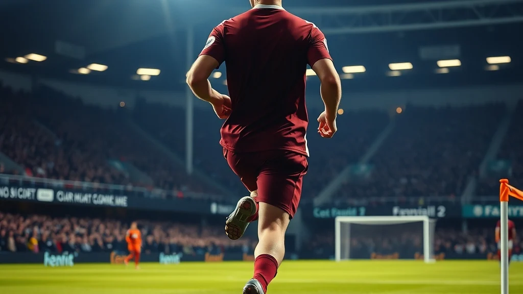 Illustration: Football winger in a claret shirt running with the ball along the touchline under stadium floodlights