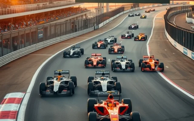 Illustration: Formula 1 cars racing through a corner at a Texas circuit in warm afternoon sunlight