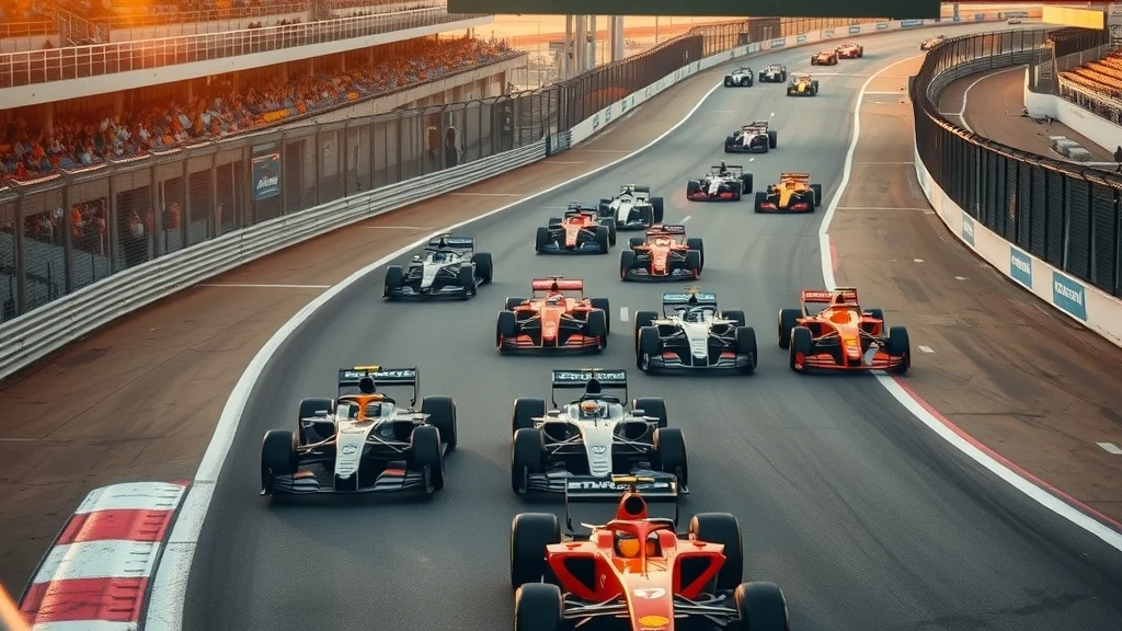 Illustration: Formula 1 cars racing through a corner at a Texas circuit in warm afternoon sunlight
