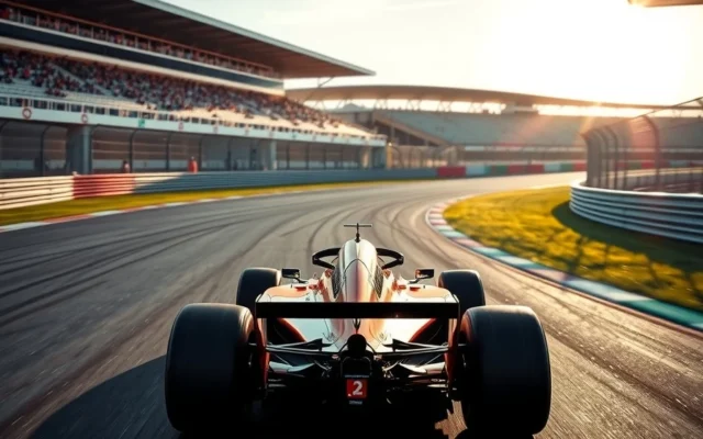 Illustration: A Formula 1 car rounds a corner on a sunlit circuit in Texas during practice
