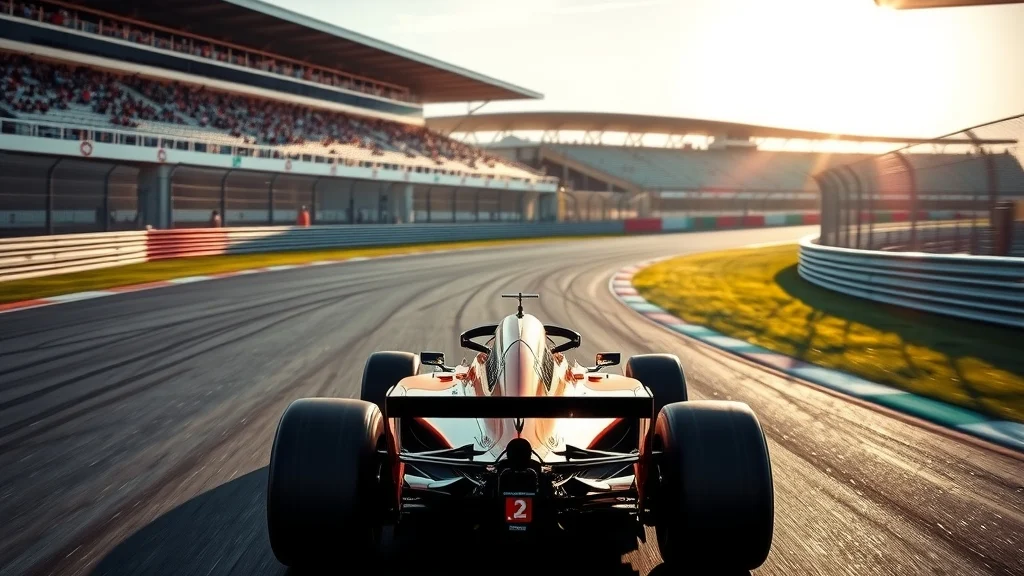 Illustration: A Formula 1 car rounds a corner on a sunlit circuit in Texas during practice