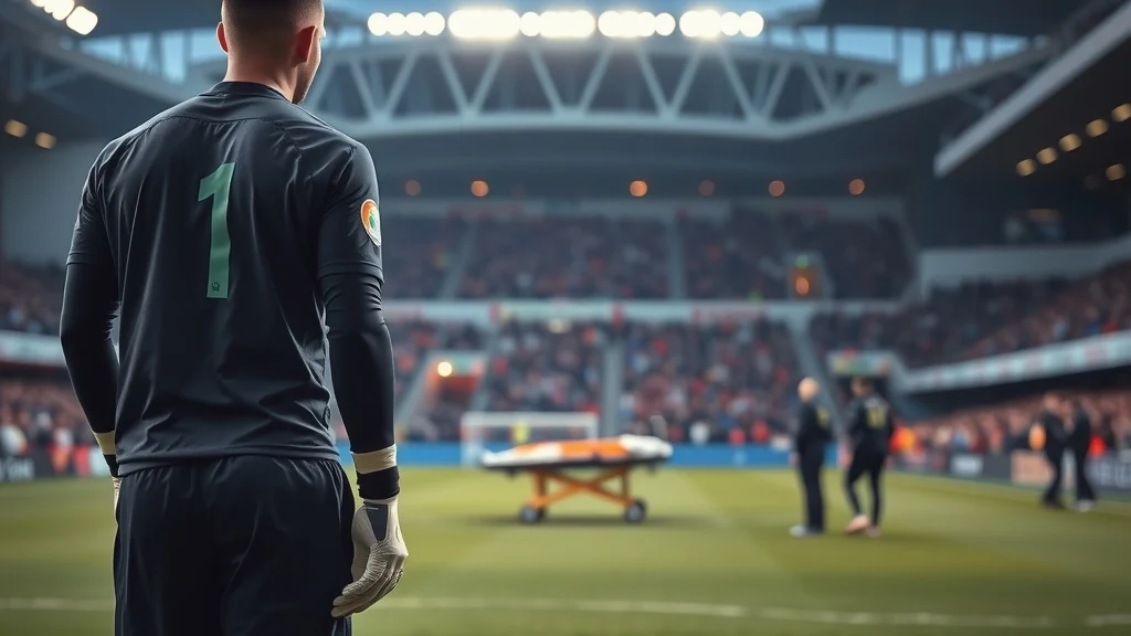 Illustration: Goalkeeper in plain kit stands in a floodlit penalty area as medical staff wait at the touchline