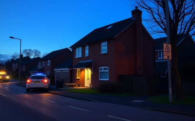 Illustration: Large detached house on a quiet Cheshire street at dusk with a police car parked in the distance