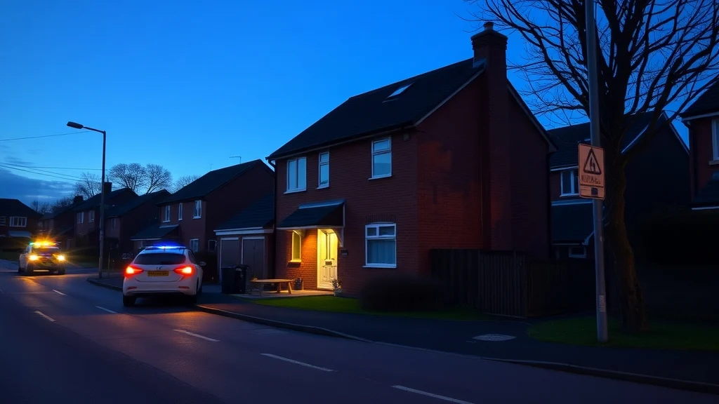 Illustration: Large detached house on a quiet Cheshire street at dusk with a police car parked in the distance