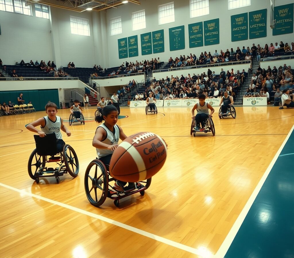 Powerchair football players on an indoor court during a match