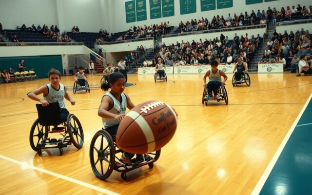 Powerchair football players on an indoor court during a match