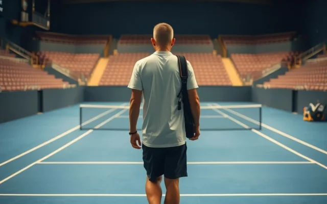Illustration: A tennis player carrying a racket bag walks along the baseline of an empty indoor hard court under warm evening lights.