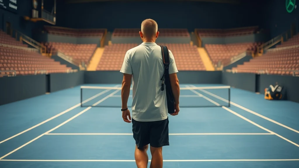 Illustration: A tennis player carrying a racket bag walks along the baseline of an empty indoor hard court under warm evening lights.