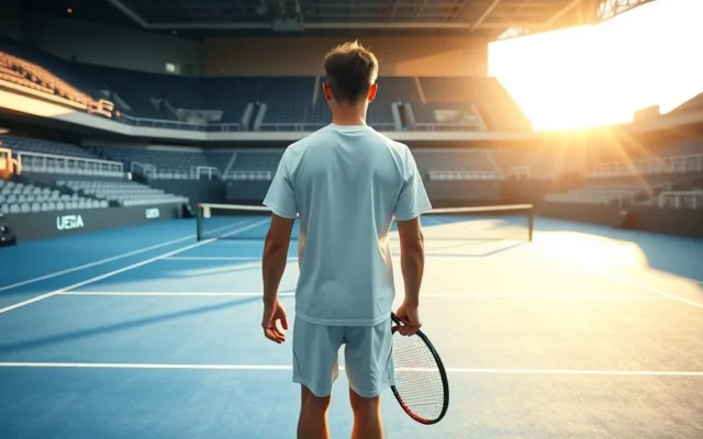 A tennis player in white stands at the baseline of a blue hard court in a large stadium during a match