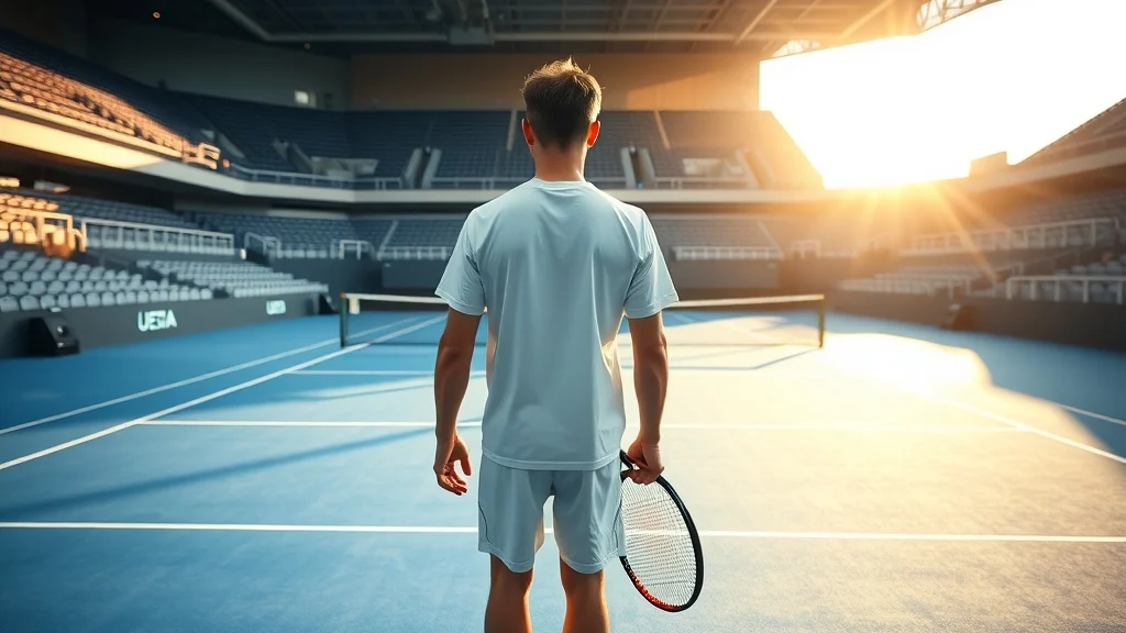 A tennis player in white stands at the baseline of a blue hard court in a large stadium during a match