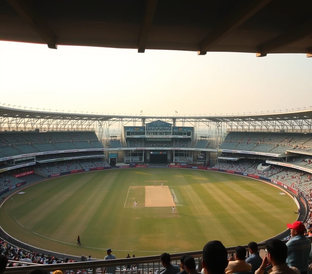 Cricket players in white on the field at a large stadium in India