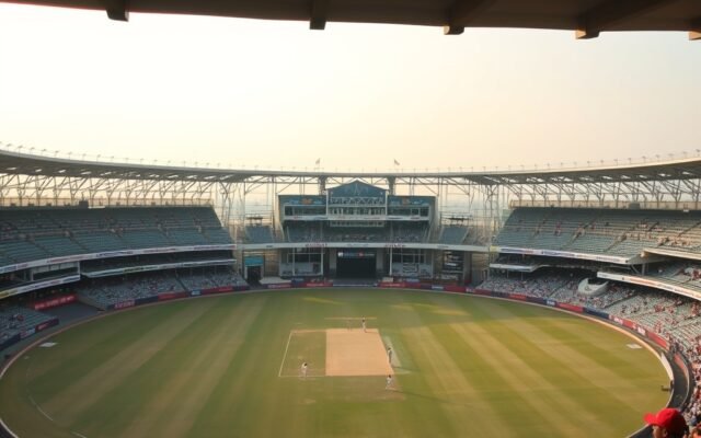 Cricket players in white on the field at a large stadium in India