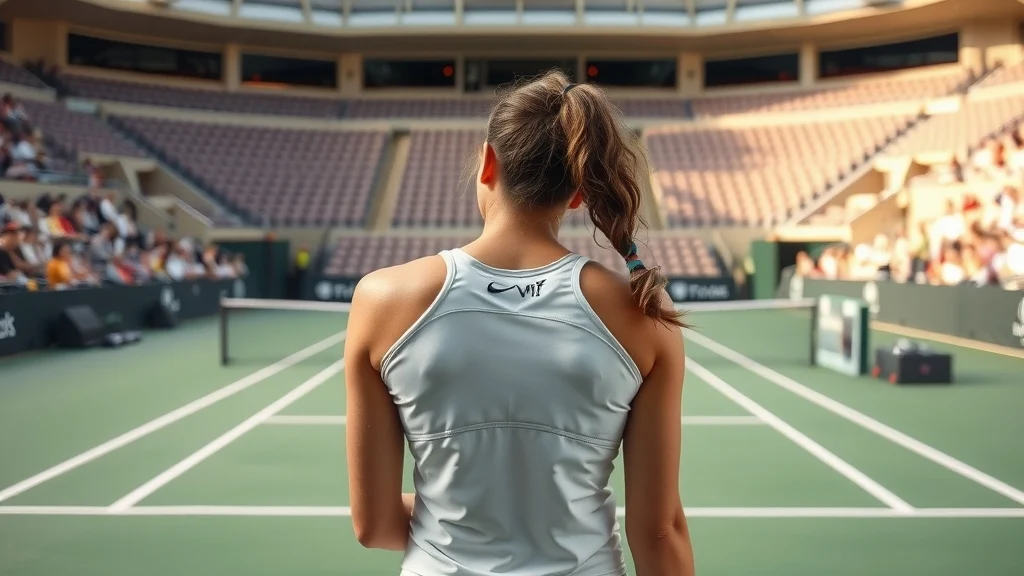 Illustration: A tennis player in white seen from behind preparing to serve on an indoor hard court
